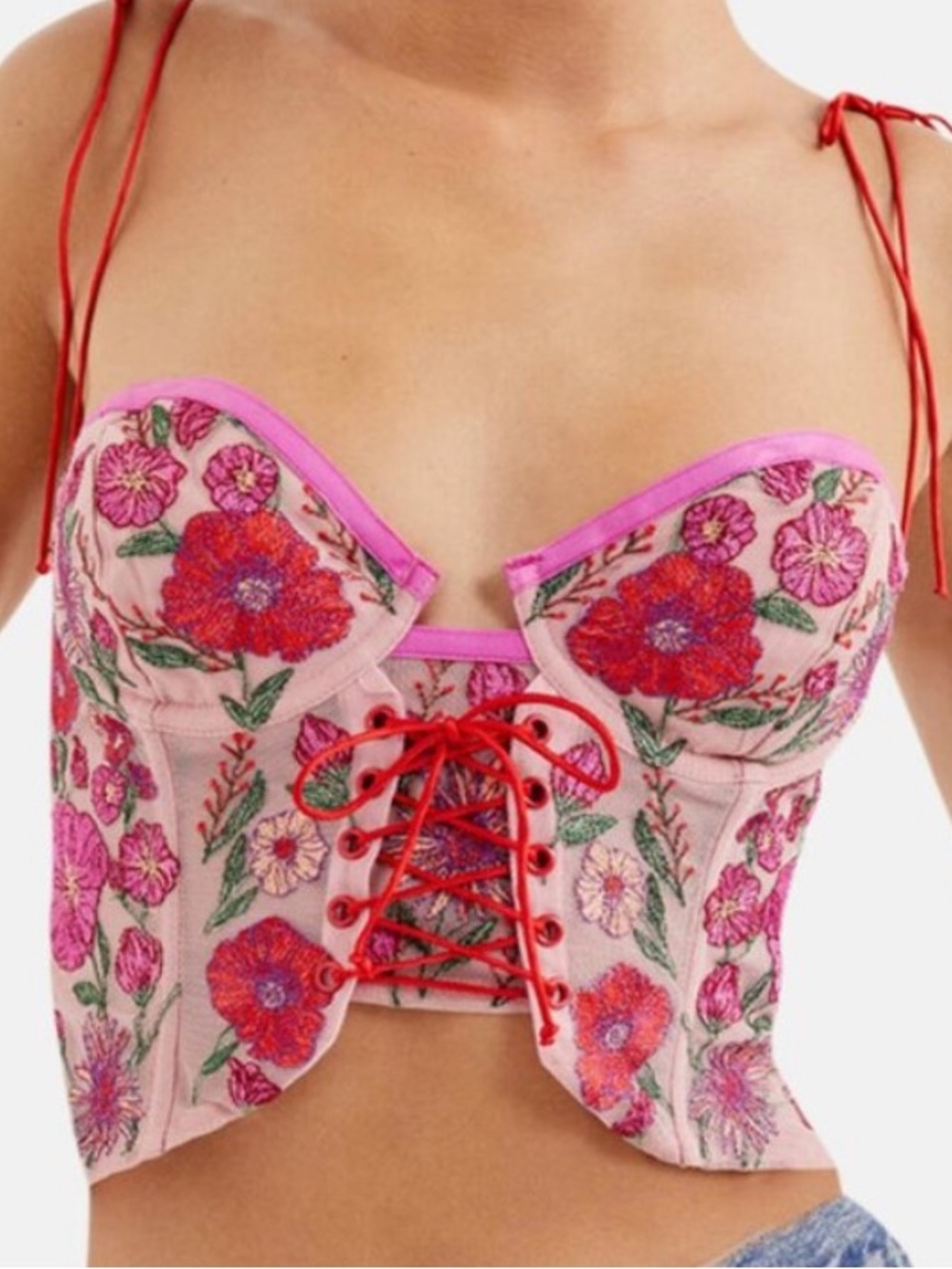 For Love & Lemons Pink Embroidered Kaylee Corset Top with Adjustable Straps